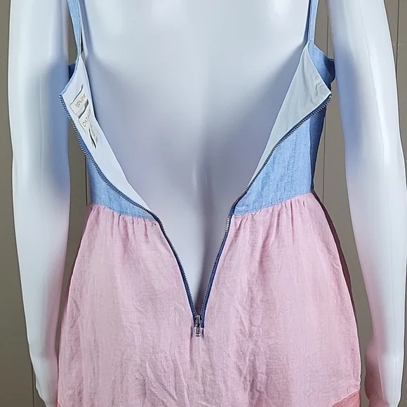 Cynthia Rowley 100% Linen Pink & Blue Chambray Color Block Tiered Sundress - Picture 10 of 16